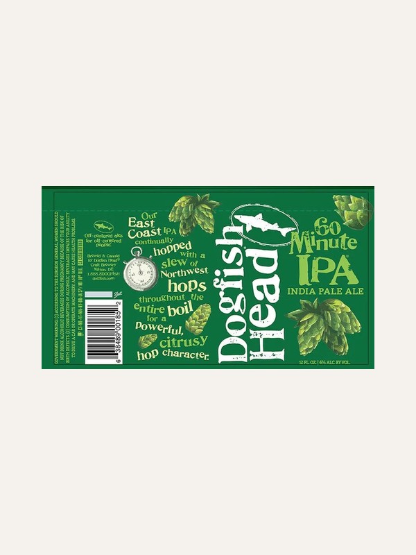 Dogfish Head 60 Minute IPA Beer Label de 12oz 6% abv